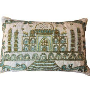 Handcrafted Beaded Decorative Pillow With Gold & Blue Embellishments Taj Mahal D